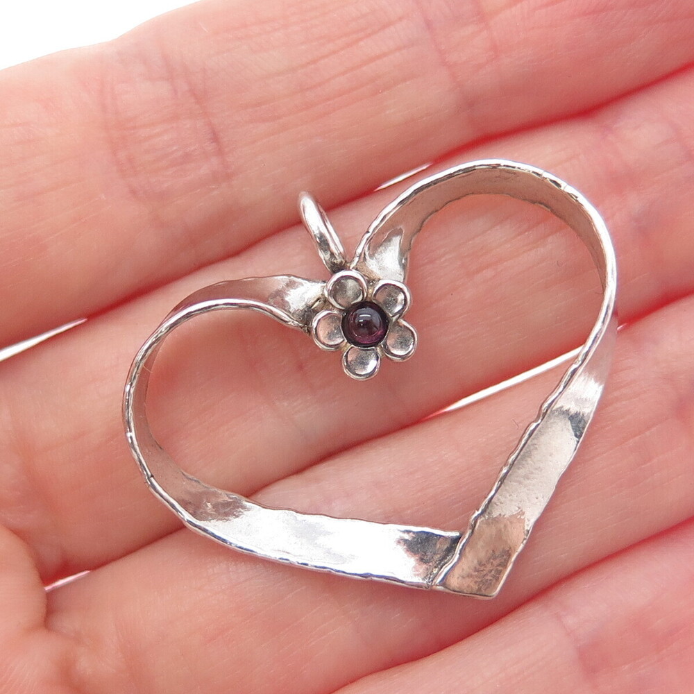 DIDAE 925 Sterling Silver Vintage Real Rhodolite Modernist Flower Heart Pendant